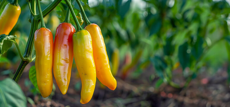 Yellow chili peppers growing in a lush garden farm