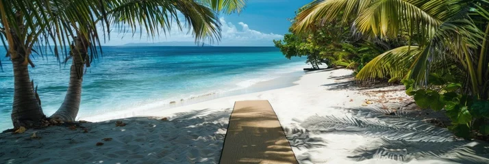 Papier Peint photo Descente vers la plage Peaceful beach,with a wooden boardwalk leading to the calm,turquoise waters of the Caribbean Sea Lush,swaying palm trees line the shore,creating a secluded,private oasis