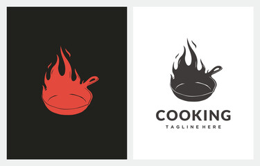 Vintage Old Skillet Cast Iron Fire Flame logo design restaurant	
