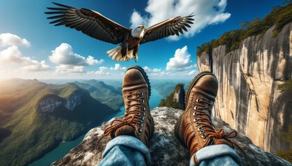 A pair of boots at the edge of a cliff, with an eagle soaring in the blue sky below. - obrazy, fototapety, plakaty
