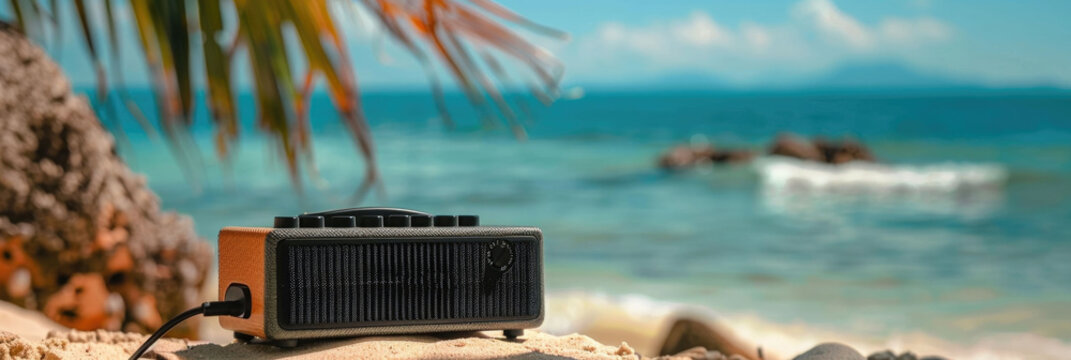 Modern portable speaker resting on the sandy beach,surrounded by lush palm trees and the soothing sounds of ocean waves This image evokes a relaxing,carefree summer vibe,perfect