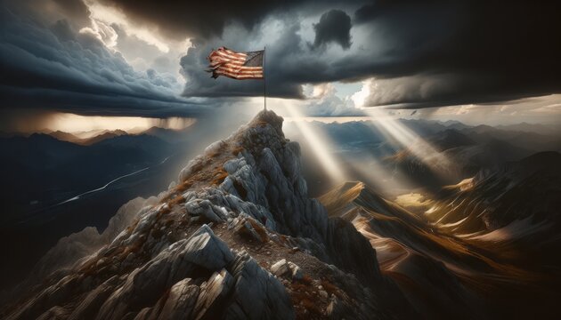 A flag at the peak of a rocky mountain, with a storm clearing and rays of sunlight piercing through the clouds.