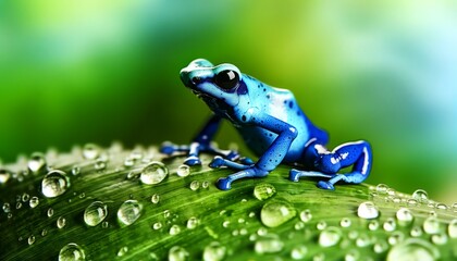 A bright blue poison dart frog perched delicately on a leaf with droplets of water around it.