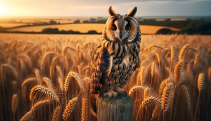 A long-eared owl perched in a contemplative stance on a weathered fence post, with a field of golden wheat stretching out in the background. - obrazy, fototapety, plakaty
