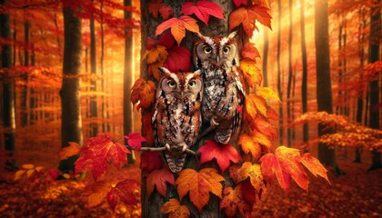 Two eastern screech owls camouflaged against a tree trunk covered in vibrant autumn leaves.