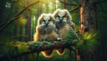 Foto op Plexiglas Two juvenile great horned owlets nestled together on a branch, their tufts just beginning to form. © FantasyLand86