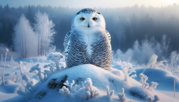 A juvenile snowy owl perched on a snowy mound in a winter landscape.