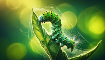 A close-up of a caterpillar on a leaf, beginning to spin its cocoon, surrounded by a blurred green background. - obrazy, fototapety, plakaty