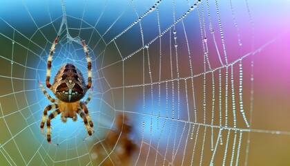 A close-up of a spider in the center of its web, with dewdrops on the silk threads in the early morning light.