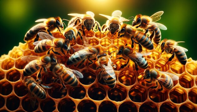 A close-up shot of bees working together on a honeycomb.