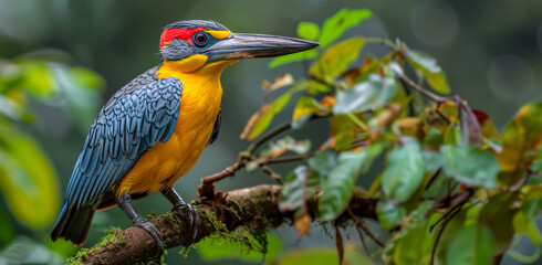 Kingfisher with vibrant blue and orange plumage perched in the jungle