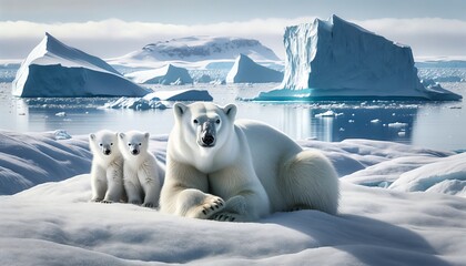 A polar bear with her cubs on a snowy terrain with icebergs in the distant sea behind them.