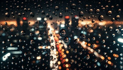 A close-up of raindrops on a window with the blurred city lights in the background during a nighttime downpour. - Powered by Adobe