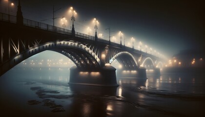 Fototapeta na wymiar A deserted bridge over a city river with fog rolling in, streetlights casting an eerie glow in the mist.