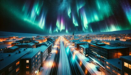 A snow-covered cityscape with auroras lighting up the night sky, reflecting off the snow and ice.