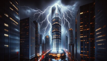 A lightning bolt striking a skyscraper at night, illuminating the surrounding buildings with a sudden flash. - obrazy, fototapety, plakaty