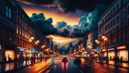 A bustling city street at dusk with the glow of streetlights under a brooding sky full of heavy, dark clouds.