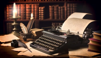 An old-fashioned typewriter with a partially typed manuscript, evoking the romance of writing in a bygone era, with soft lighting highlighting the det. - obrazy, fototapety, plakaty