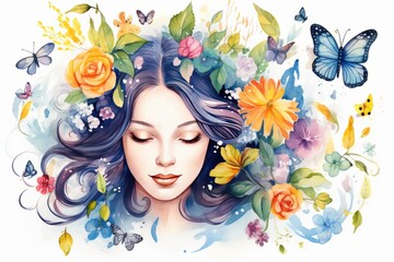 Vibrant Watercolor Portrait: Spring-Inspired Woman with Green Hair and Floral Flourish