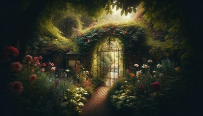 A hidden, lush garden entrance, framed by flowering vines and an antique wrought-iron gate, inviting a sense of mystery and exploration. - obrazy, fototapety, plakaty