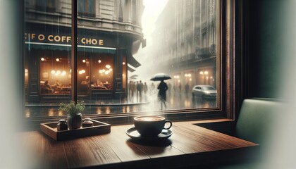 A view from inside a coffee shop on a rainy day, showing a steaming cup of coffee on a wooden table next to a rain-streaked window. - obrazy, fototapety, plakaty