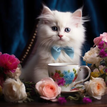 A white kitten sits next to a cup of tea surrounded by flowers.