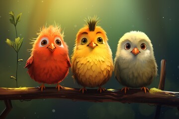 Three colorful birds of different breeds sit perched on a branch in a forest. - obrazy, fototapety, plakaty
