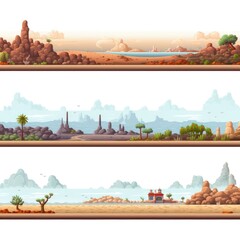 Three horizontal banners showcasing diverse landscapes desert with mountains, tropical scene with palm trees, and jungle with trees