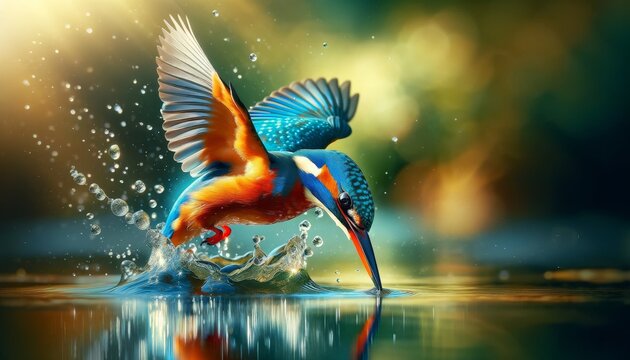 A vivid and detailed image of a kingfisher in the midst of a dynamic dive into a serene body of water, capturing the precise moment before it breaks t.