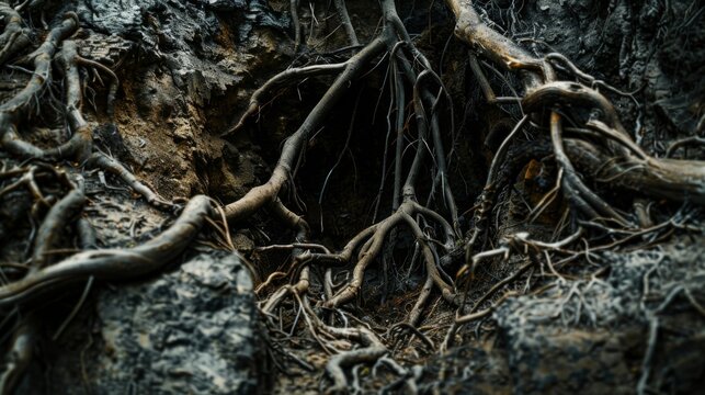 A macro photo of the intricate network of roots and tree branches exposed in the walls of a sinkhole.