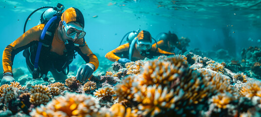 Fototapeta na wymiar Divers planting coral on the reef to promote marine life regeneration