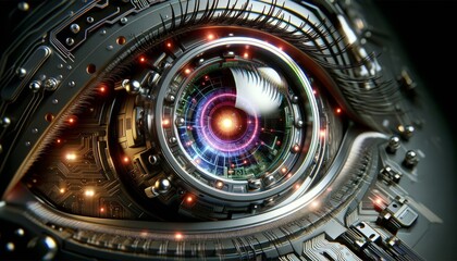 The image features a cybernetic eye lens with integrated circuits and a glowing digital iris, highlighting the blend of biology and technology.