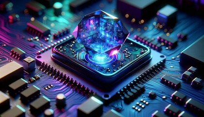 The image features a neon blue and purple circuit board with an embedded crystal displaying holographic projections of data analytics.