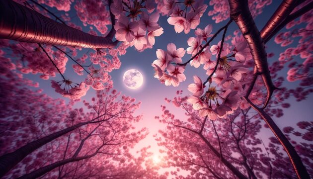 The image illustrates a close-up perspective from beneath a flowering cherry blossom tree during spring.