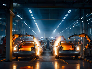 A modern automobile assembly line, showcasing the dynamic process of car production. 