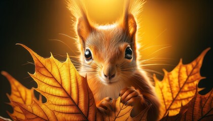 A close-up image of a curious squirrel with bright, inquisitive eyes peeking from behind a golden autumn leaf.