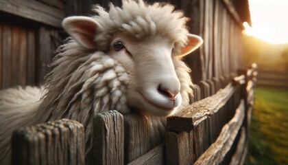A close-up image of a fluffy, white sheep with soft, gentle eyes looking over a rustic, wooden...