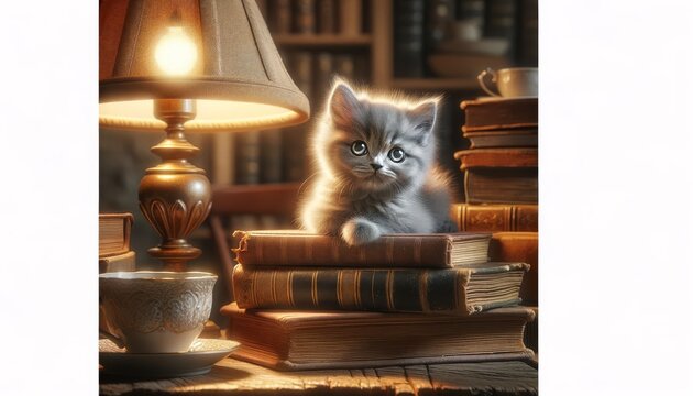 A detailed image of a grey kitten perched on a stack of old books in a cozy room.