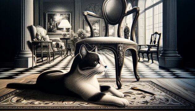 A detailed image of a black and white cat lounging on a vintage chair.