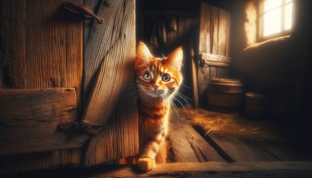 A detailed image of a ginger tabby cat peeking around the corner of a rustic wooden door.