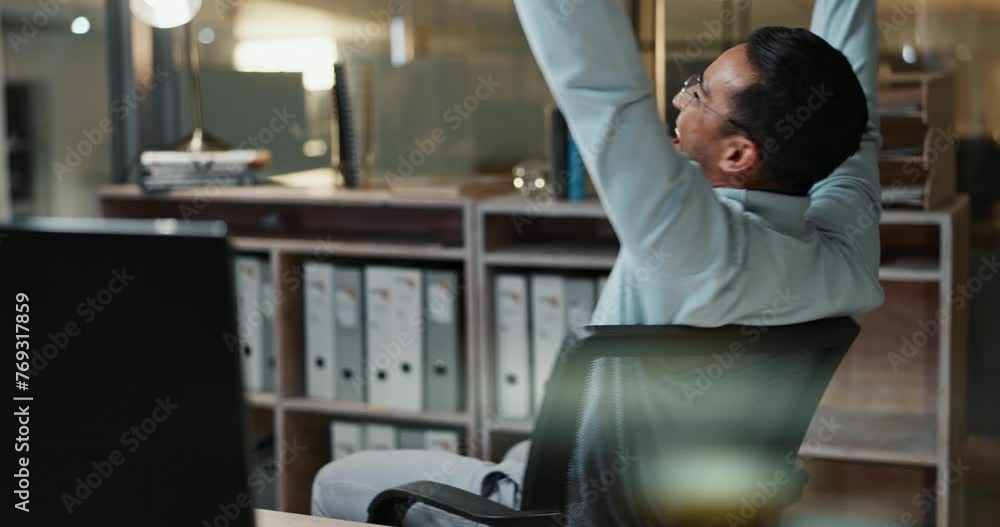 Poster Business man, fist pump or celebration by computer in office, happy or success with stock trading at work. Asian person, shouting and good news of win in online trading, promotion and excited at desk