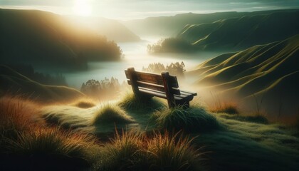 A detailed, close or medium shot of a small, rustic bench placed at the peak of a grassy knoll, overlooking a serene, mist-filled valley at dawn. - obrazy, fototapety, plakaty