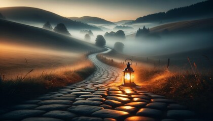 A detailed, close or medium shot of a lone lantern on a misty, cobblestone path surrounded by gently rolling hills in the early morning. - obrazy, fototapety, plakaty