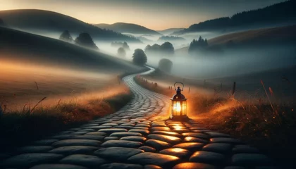 Fotobehang A detailed, close or medium shot of a lone lantern on a misty, cobblestone path surrounded by gently rolling hills in the early morning. © FantasyLand86