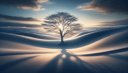 A detailed, close or medium shot of a single tree standing on a snow-covered hill. - obrazy, fototapety, plakaty