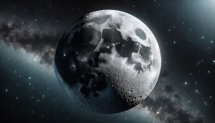 A detailed view of the moon’s surface with a backdrop of a starry sky, highlighting the textures and craters.