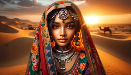 Poster A girl from Rajasthan, India, her face framed by a colorful dupatta, with ornate jewelry reflecting her cultural heritage. © FantasyLand86