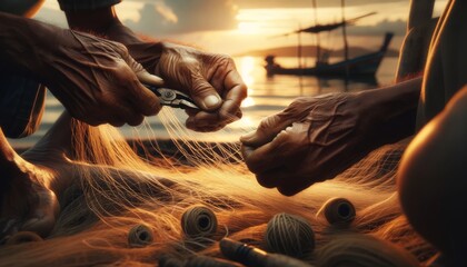 The scene is a close-up of a local fisherman fixing his net during golden hour. - obrazy, fototapety, plakaty
