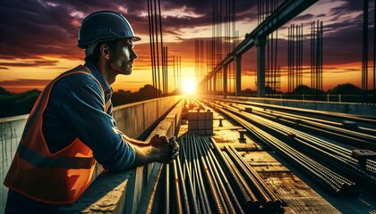 The scene is a close-up or medium shot of a construction worker on a bridge at dusk. - obrazy, fototapety, plakaty