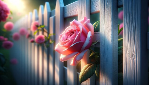 A vivid, detailed image showcasing a single pink rose peeking through the gaps of a white wooden fence.